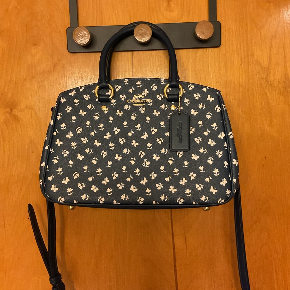 Coach Navy Blue Floral Savannah Carryall with Crossbody Strap and Feet